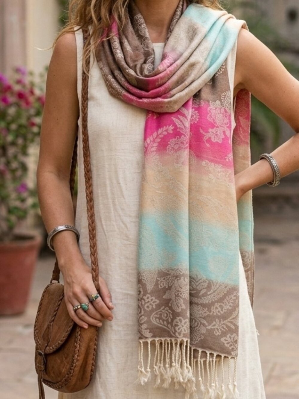 Boho Floral Block Stripe Pashmina Cashmere Scarf Fringe Shawl